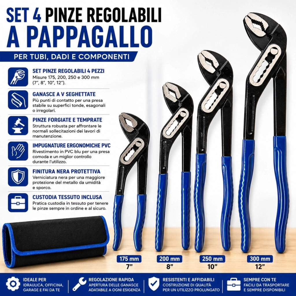 4 Pinze Regolabili Pappagallo 175/200/250/300 mm con Custodia