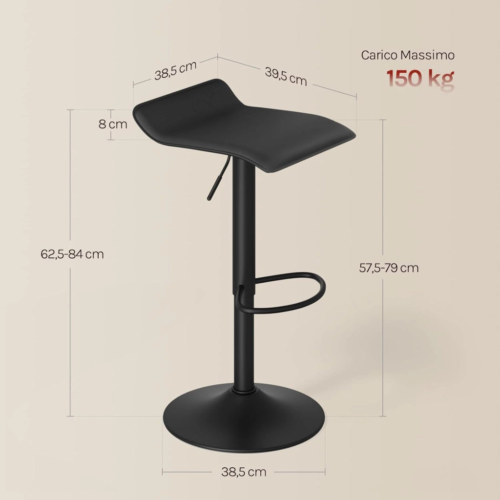 Sgabello da Cucina, Sgabello da Bar Colazione Regolabile in Altezza Girevole a 360°, per Bar, Cucina, Banco, Caffè, PVC+Metallo, con Poggiapiedi, Nero+Nero