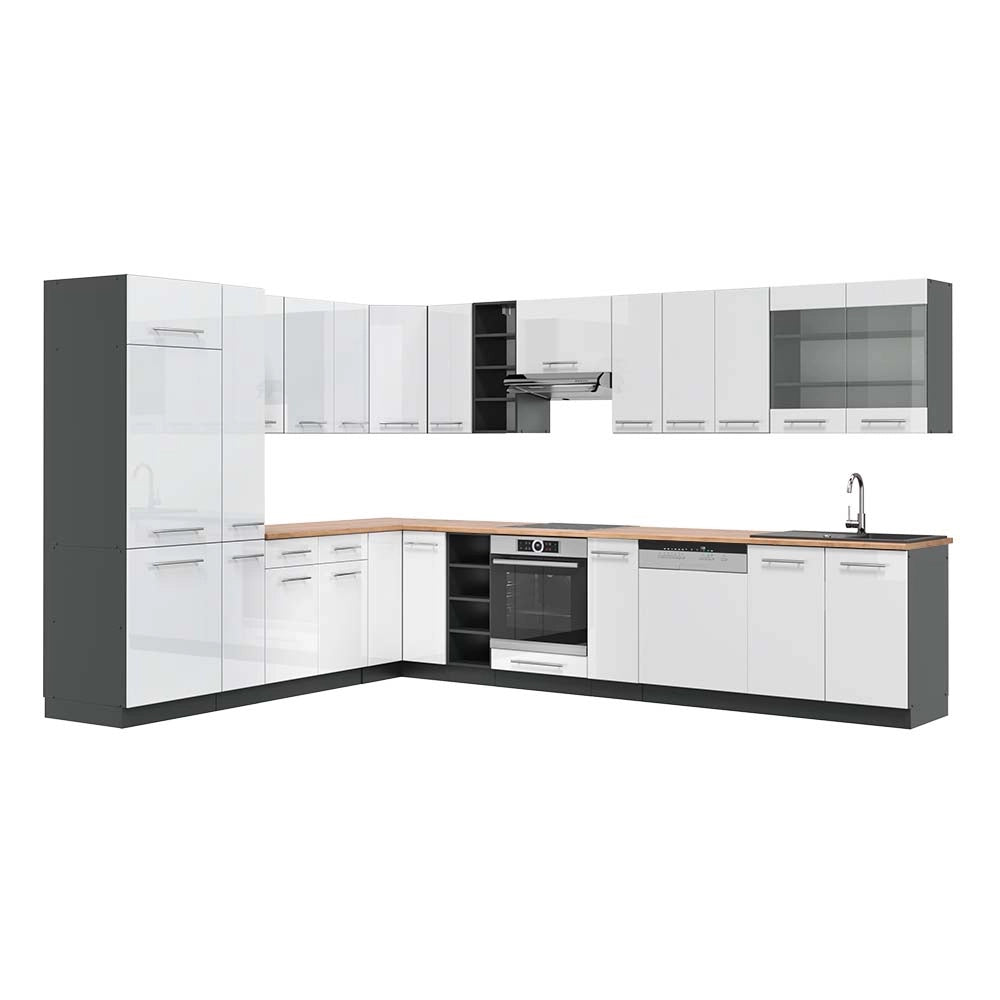 Cucina angolare completa Fame-Line Bianco lucido/Antracite 347 x 60 cm, PL Rovere Vicco