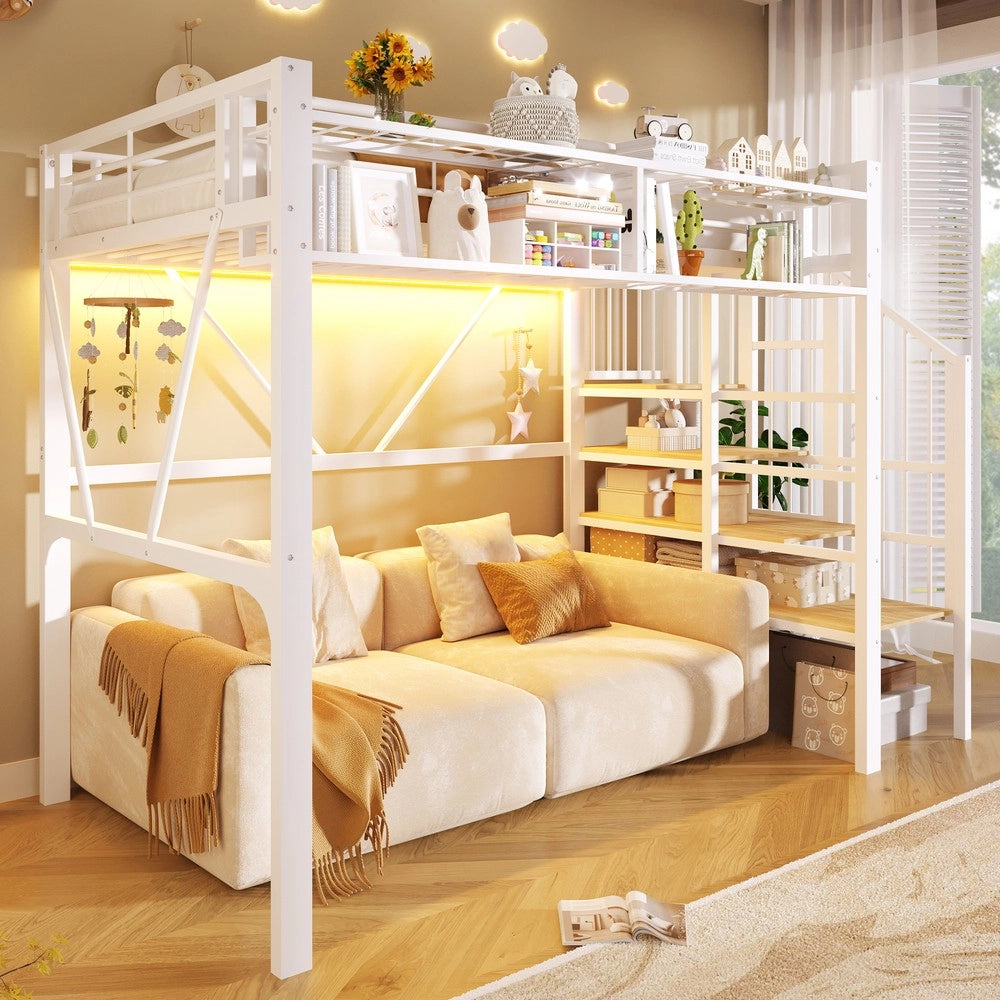 Letto a Soppalco con LED ¨C MINIMAL ¨C Bianco, Metallo, 90x200, con Rete, Contenitore