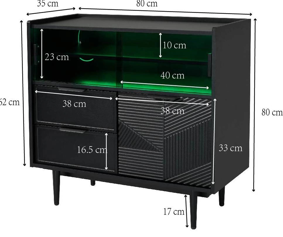 Credenza contenitore 80 cm in MDF nero con anta in vetro e LED