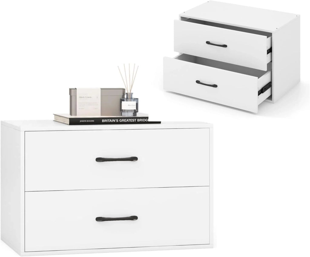 Cassettiera con 2 cassetti, dispositivo antiribaltamento, piccolo mobile in legno, per camera da letto, soggiorno, ufficio, comodino, 60 x 34 x 38 cm (bianco)
