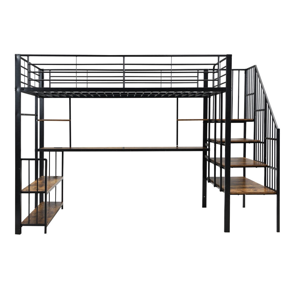 Letto a Soppalco 120x200 cm - Scala con Corrimano; Presa di Ricarica e Mensola - Nero