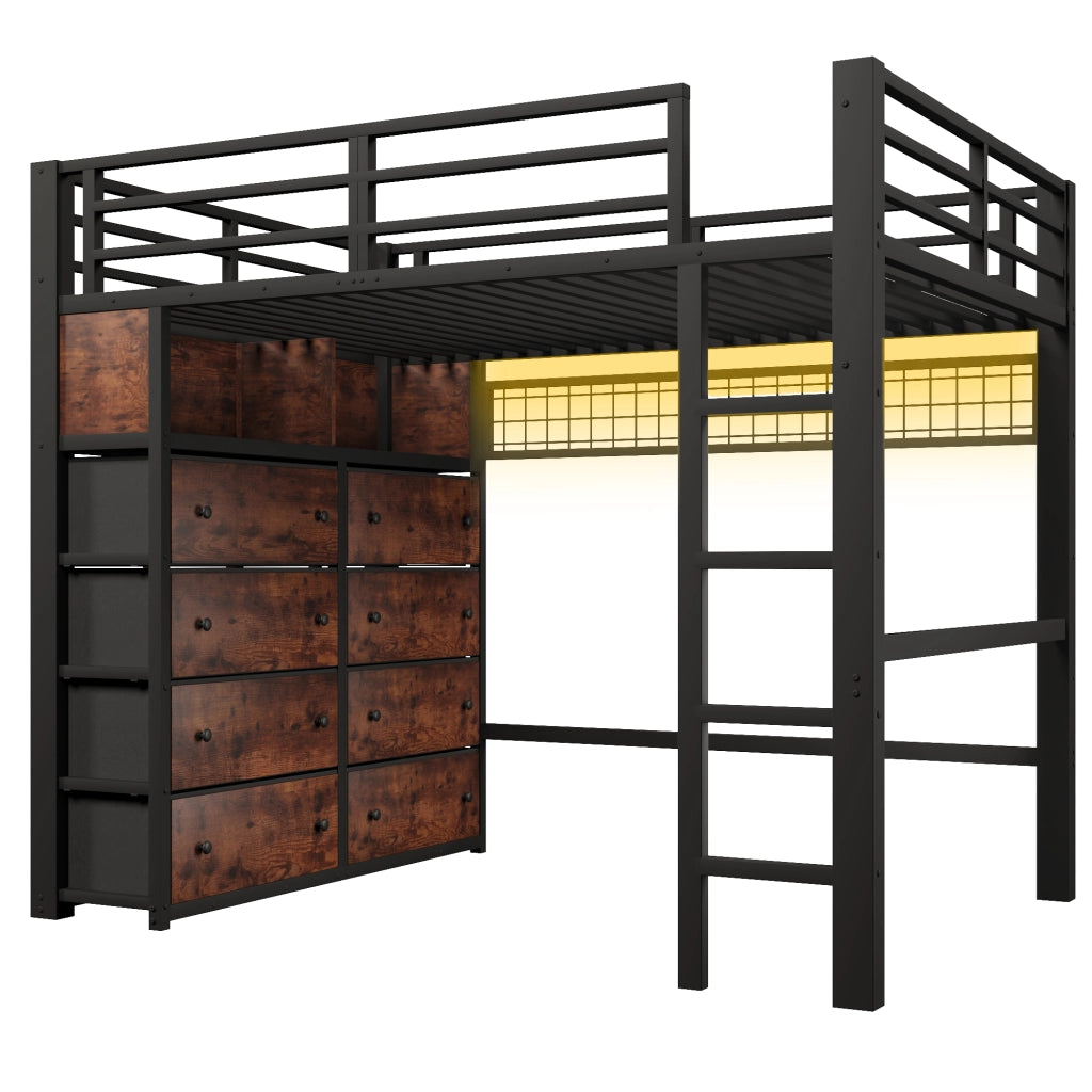 Letto a Soppalco 140x200 cm; 2 Posti - 8 Cassetti; LED; Mensole e Parete forata