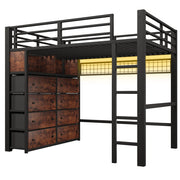 Letto a Soppalco 140x200 cm; 2 Posti - 8 Cassetti; LED; Mensole e Parete forata