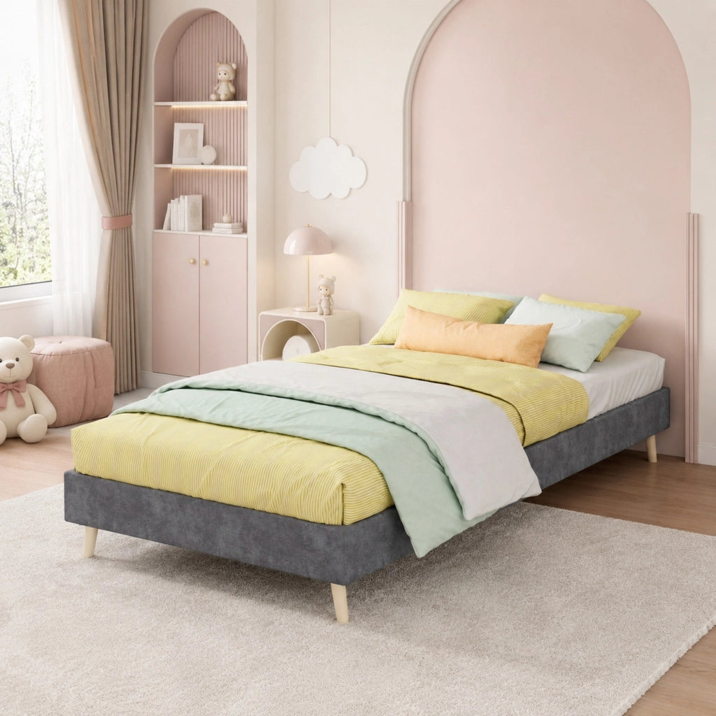 DESMIU Lit simple 90 × 200 cm senza testiera, senza materasso, in tessuto e metallo, grigio
