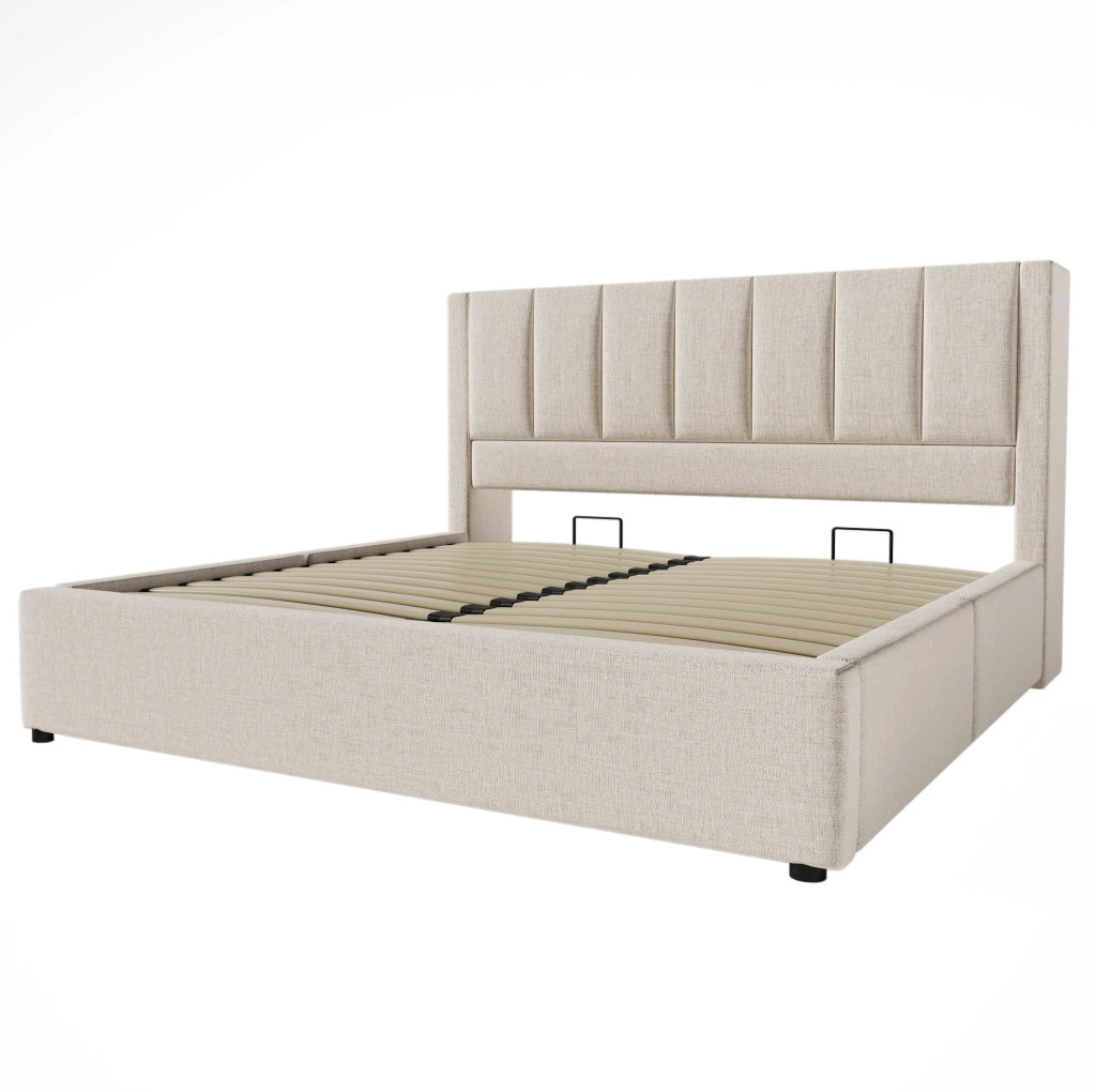 Letto matrimoniale 180x200 cm in lino beige con contenitore; testiera con portabicchieri e stazione di ricarica