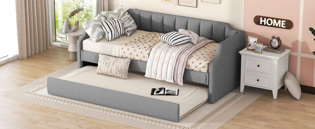 Letto giorno imbottito con letto estraibile in cotone lino grigio 90x200 cm