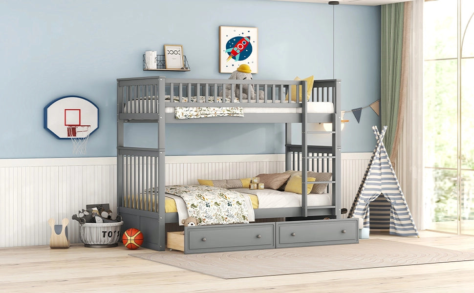 DESMIU Letto a castello 90 × 200 cm 2 posti con 2 cassetti, convertibile in 2 letti, senza materasso, grigio