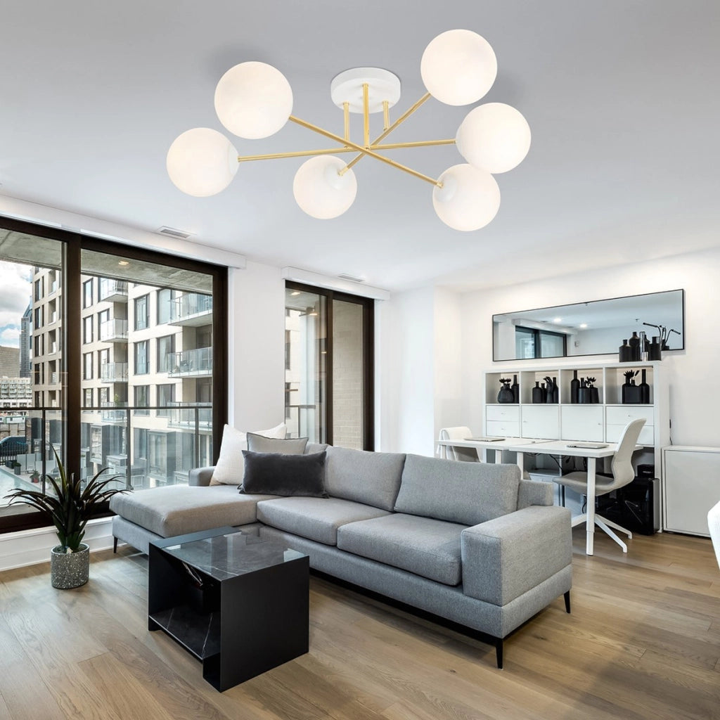 Lampada a sospensione Magnum con struttura oro e sfere in vetro