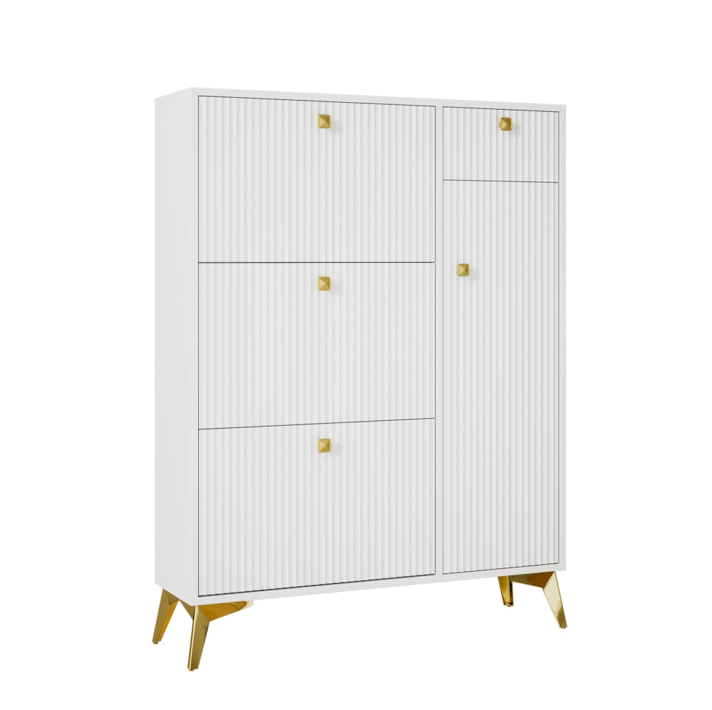 Scarpiera bianca con ripiani regolabili; superficie ondulata; 90 x 25 x 121 cm
