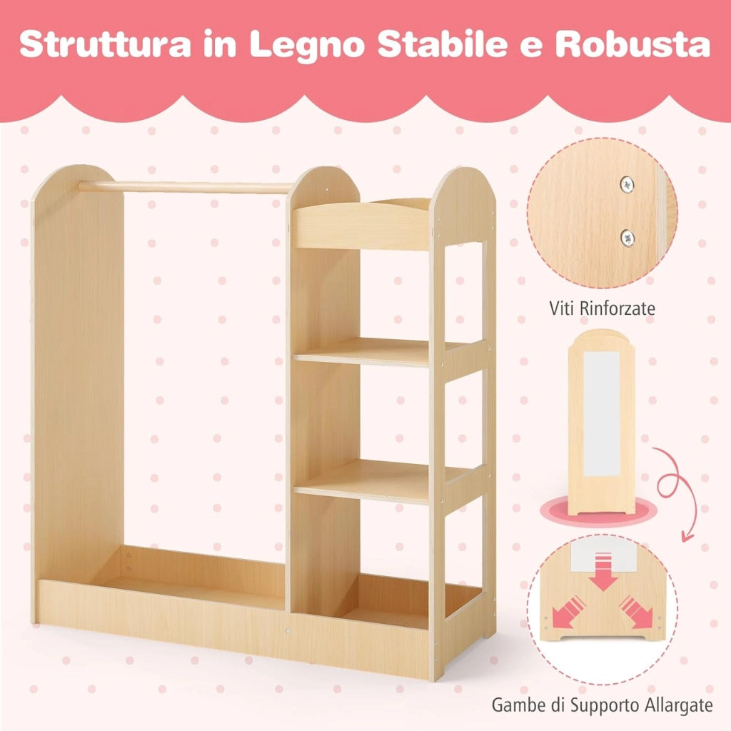 Guardaroba per Bambini in Legno, Mobile per Bambini con Specchio, Appendiabiti e Mensole, Armadio di Stoccaggio per Cameratta, 93,5 x 38 x 100 cm (Naturale)