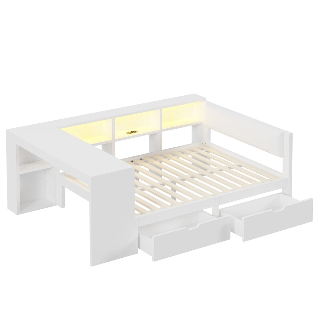 Letto per adulti 140 × 200 cm con testiera imbottita, ripiani, 2 cassetti, prese USB e LED, senza materasso, bianco