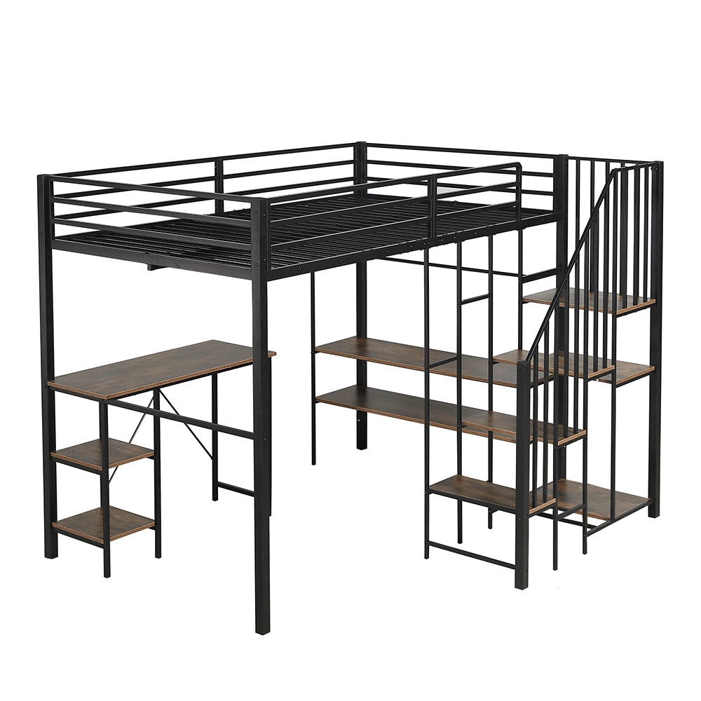 Letto a Castello in Ferro – Xylo – 120x200cm, Scala Angolare con Ripostiglio, Tavolo, Scaffale, Armadio Aperto, Nero/Legno
