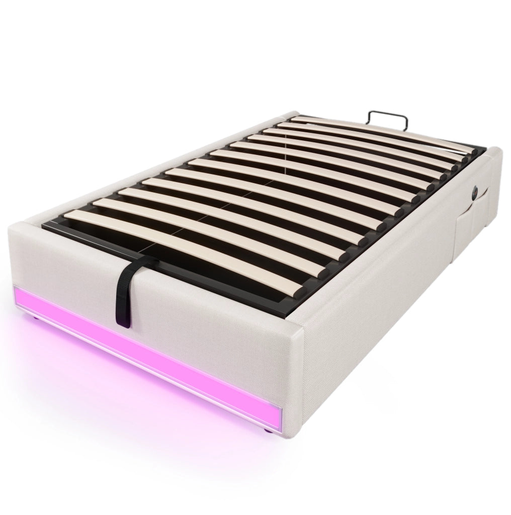 Letto imbottito 90x200 cm con LED, USB e funzioni contenitive