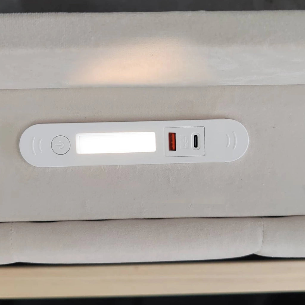 Letto singolo imbottito ULEVR 90x200 cm con contenitore idraulico, luce notturna, USB e Type-C, velluto beige