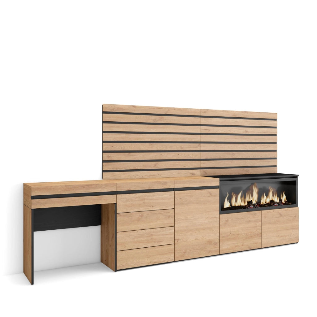 Tavolo da toeletta, 284x35x145cm, Con cassetto, Camino elettrico XXL, Cassettiera, Pannelli Decorativi, colore Rovere RF3474