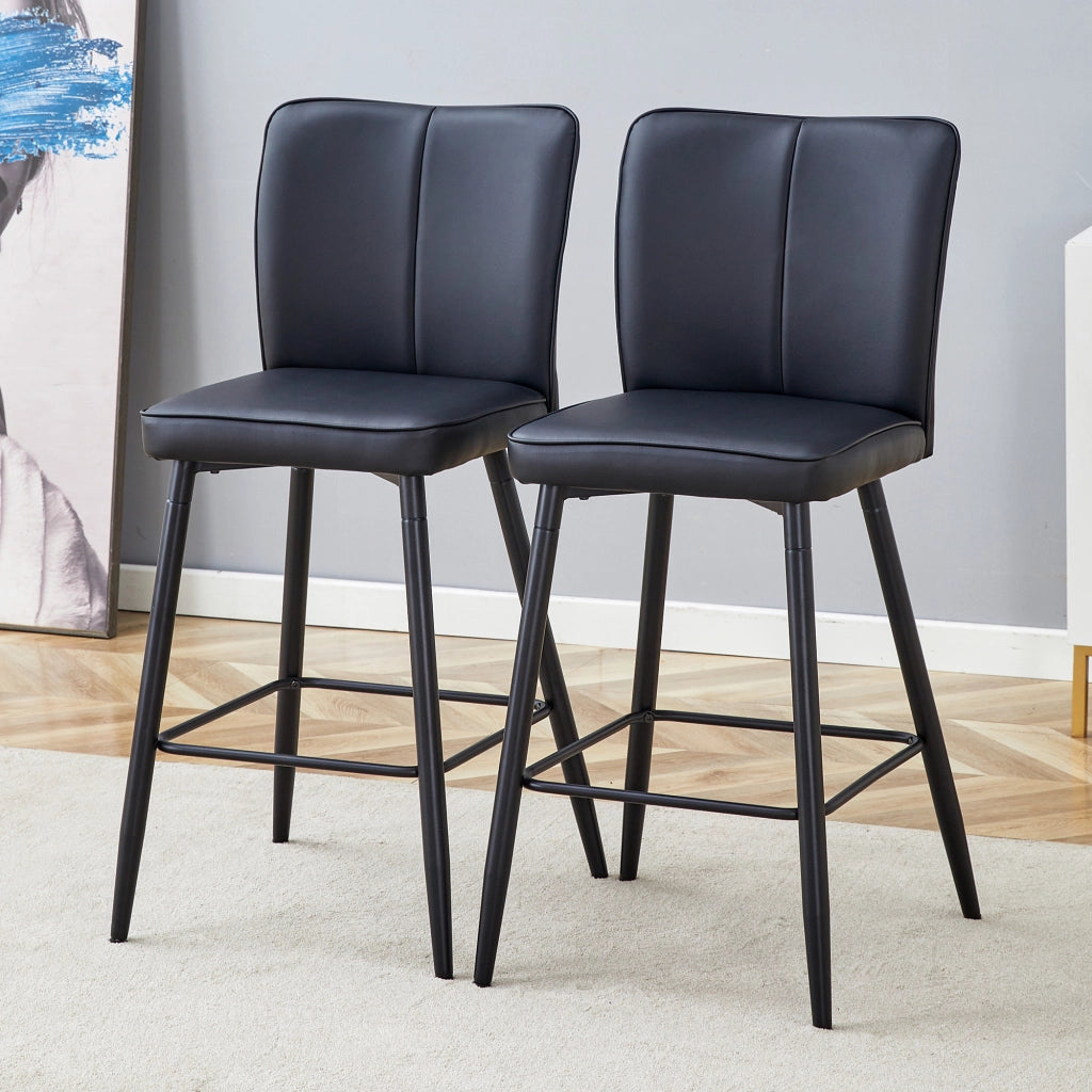 Set di 2 Sgabelli da Bar con Schienale Ergonomico e Poggiapiedi; Piedini Regolabili; Metallo e PU; Nero