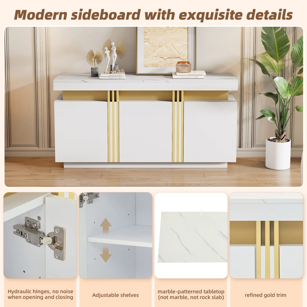 Credenza moderna bianca con 3 ante e ripiani regolabili in truciolare effetto marmo 140 × 38 × 70 cm