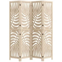 Paravento interiore in legno 4 pannelli 160 x 170 cm, pieghevole e portatile, motivo foglia, design rimovibile, legno naturale