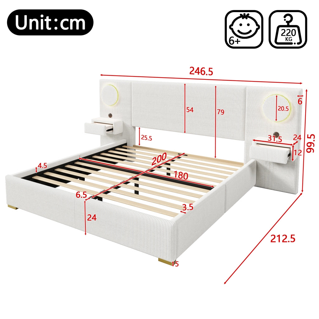 Letto Matrimoniale 180x200 cm con LED; USB e cassetti ai lati; in Velluto Beige