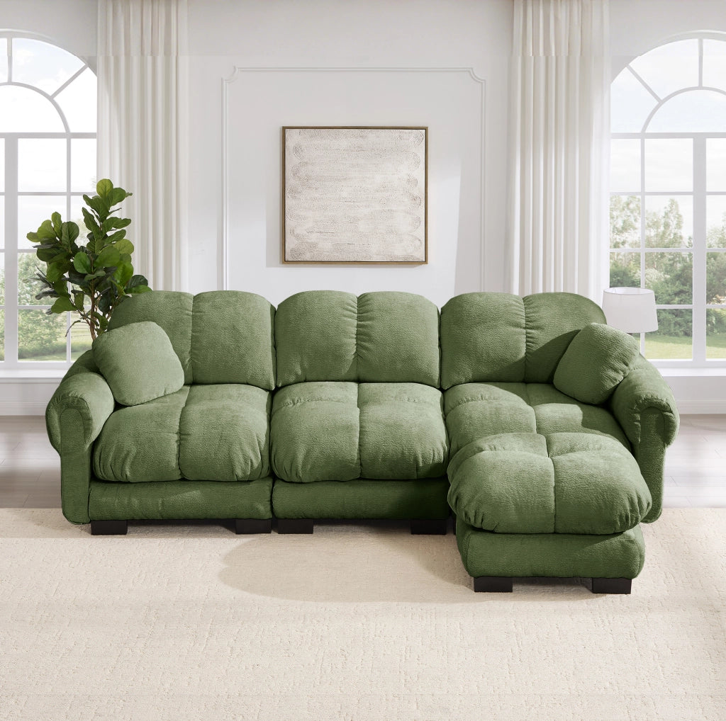 Divano angolare modulare a 3 posti in chenille verde; 260x149x90 cm; con pouf mobile