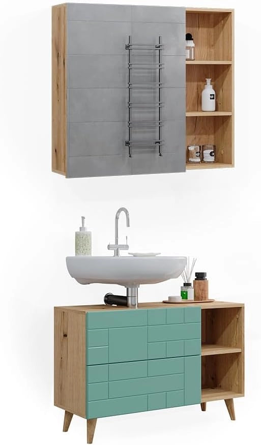 Set di mobili da bagno Rudi, Verde menta, 90 cm, composto da specchio da bagno e mobile sottolavabo