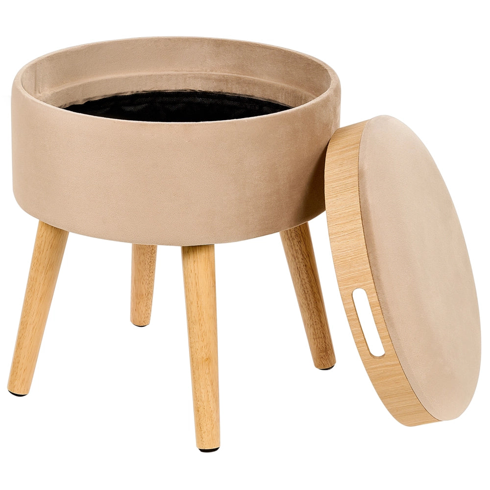 Pouf in velluto imbottito beige con vassoio contenitore stile glamour elegante soggiorno camera da letto