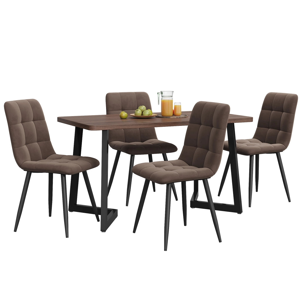 Tavolo da pranzo con 4 sedie in MDF color noce, seduta in velluto, per cucina e sala da pranzo