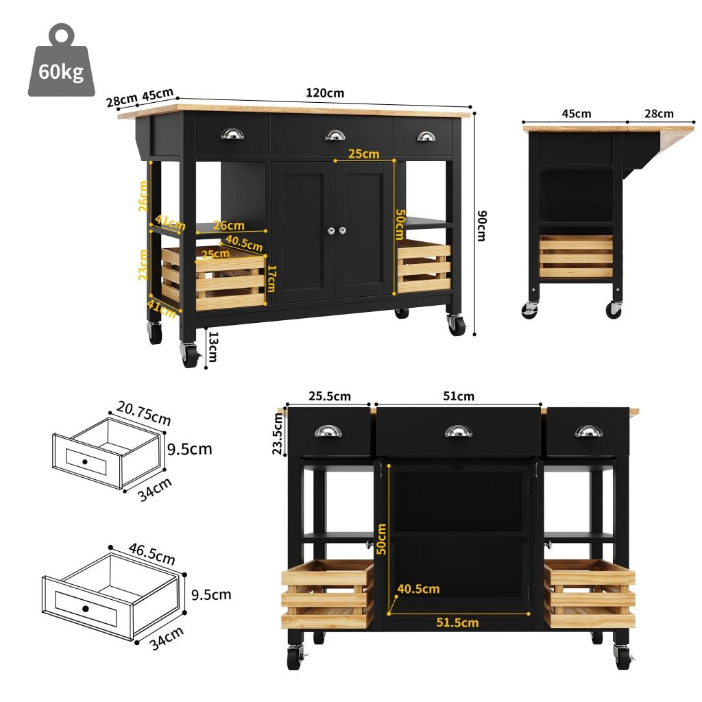Carrello da Cucina con 1 Cassetto; 1 Anta; Piano Pieghevole e Ruote in MDF 120 x 45 x 90 cm Nero Naturale