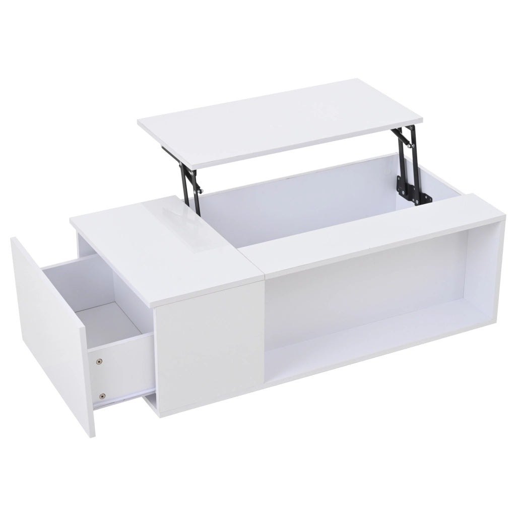 Tavolino da caff¨¨ 100x50x40 cm con piano sollevabile, vano nascosto, cassetto laterale e luce LED Bluetooth, bianco