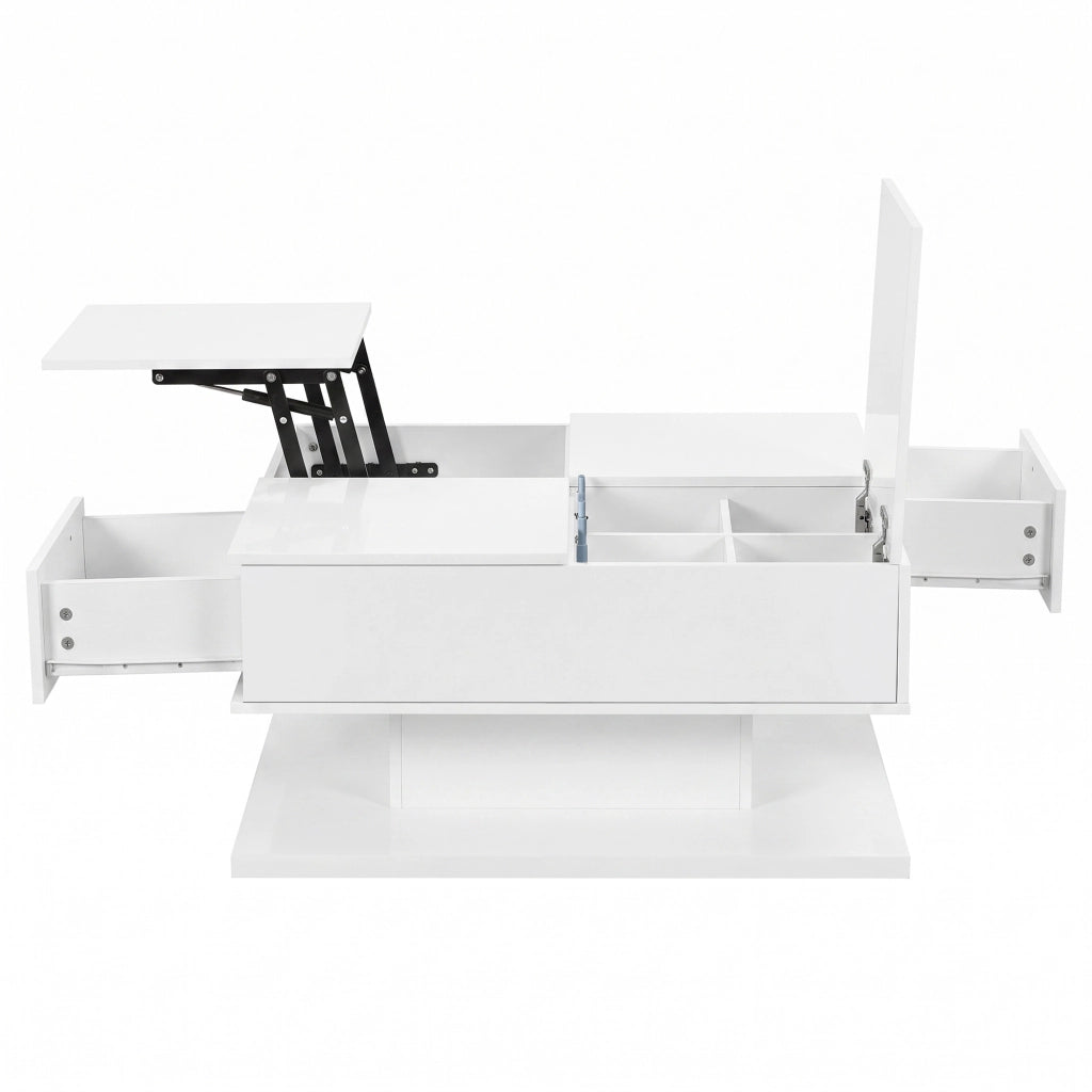 Tavolino da caffè multifunzione 72x72 cm con piano elevabile; LED e cassetti bianco