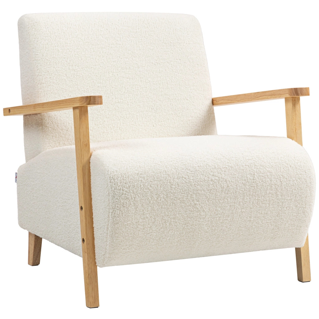 Poltrona da Salotto in Tessuto Sherpa con Braccioli e Gambe in Legno Stile Nordico, Crema