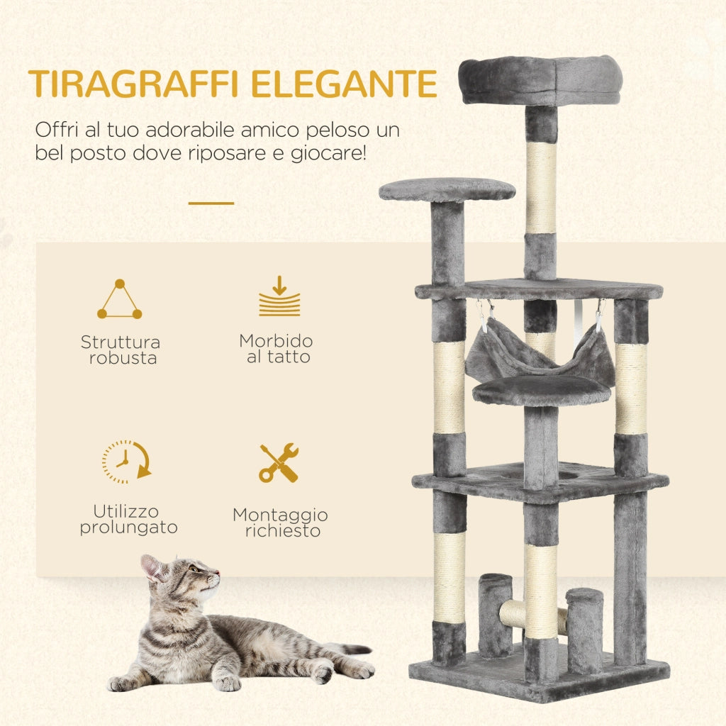 Albero Tiragraffi per Gatti 4 Livelli con Amaca e Piattaforme ¨C zephmum ¨C Grigio 132cm