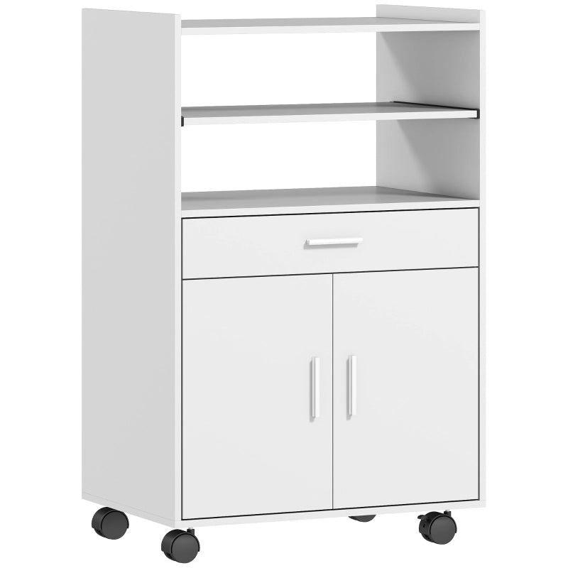 Mobile contenitore da cucina per microonde con piano estraibile 1 cassetto anta doppia e ruote bianco moderno in MDF