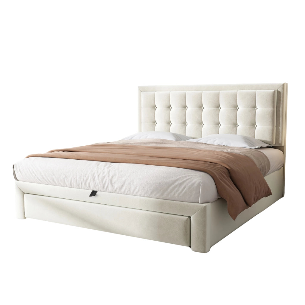 Letto imbottito matrimoniale 140x190 cm in velluto beige con testiera regolabile, contenitore idraulico e 2 colli
