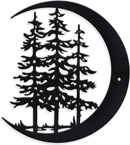 Decorazione metallica per muro con tema bosco di pino - 23,5 x 26,3 cm - Motivo luna e albero - Per uso domestico, camera da letto, cucina - Decorazione d'arte per muro - Scultura metallica per muro - Ideale per hotel e uffici - Tema natura accentuazione.