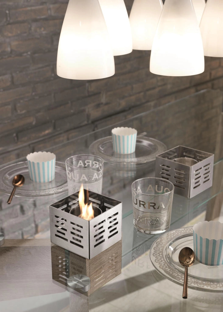 Set 3 Biocamini da Tavolo 10x10xH8 cm in Acciaio Satinato Set Skato Grigio Cromo