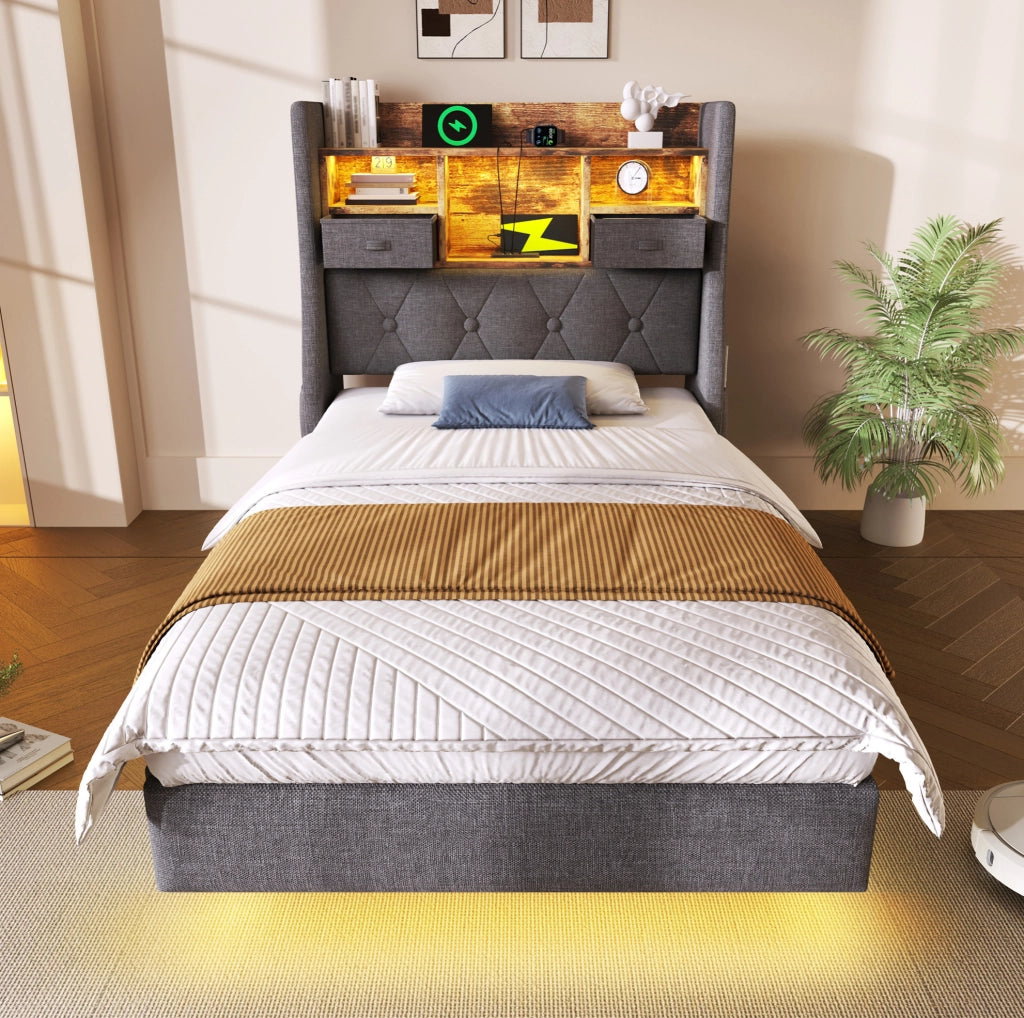 Letto singolo 90x200 cm con LED, ricarica USB-C e materasso