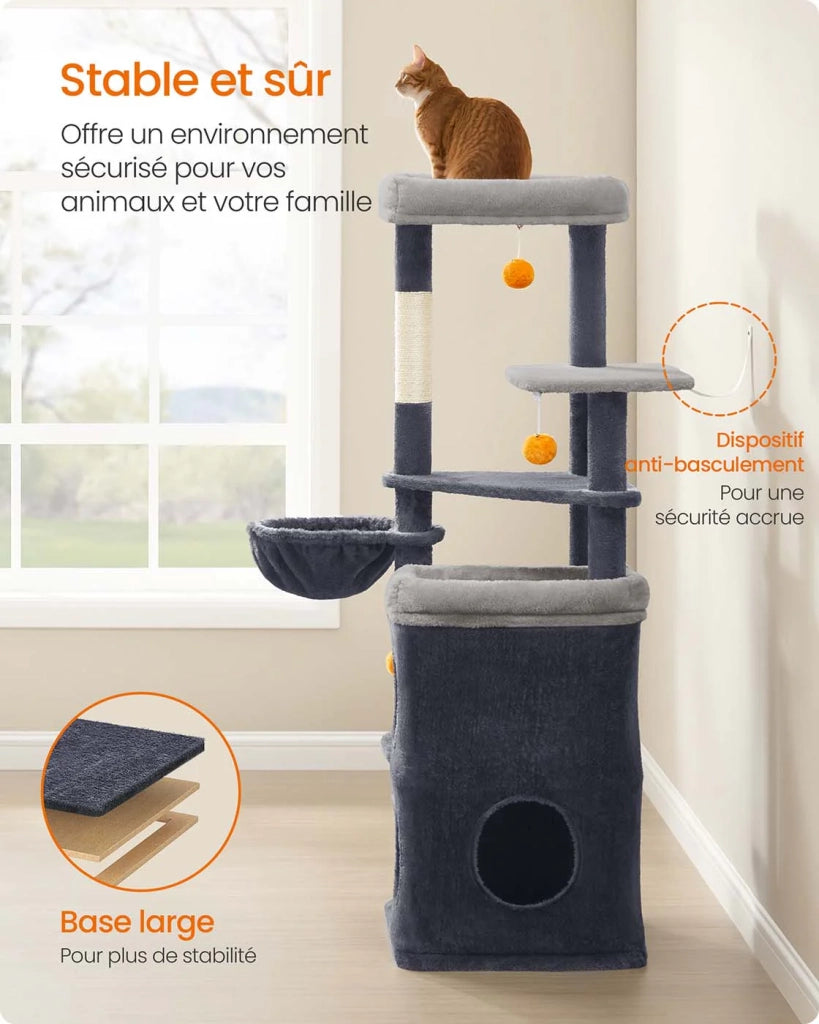 Tiragraffi per gatti altezza 152 cm torre gioco multilivello con 2 grandi cubbie 1 amaca 3 tiragraffi 3 piattaforme grigio 12_0007974