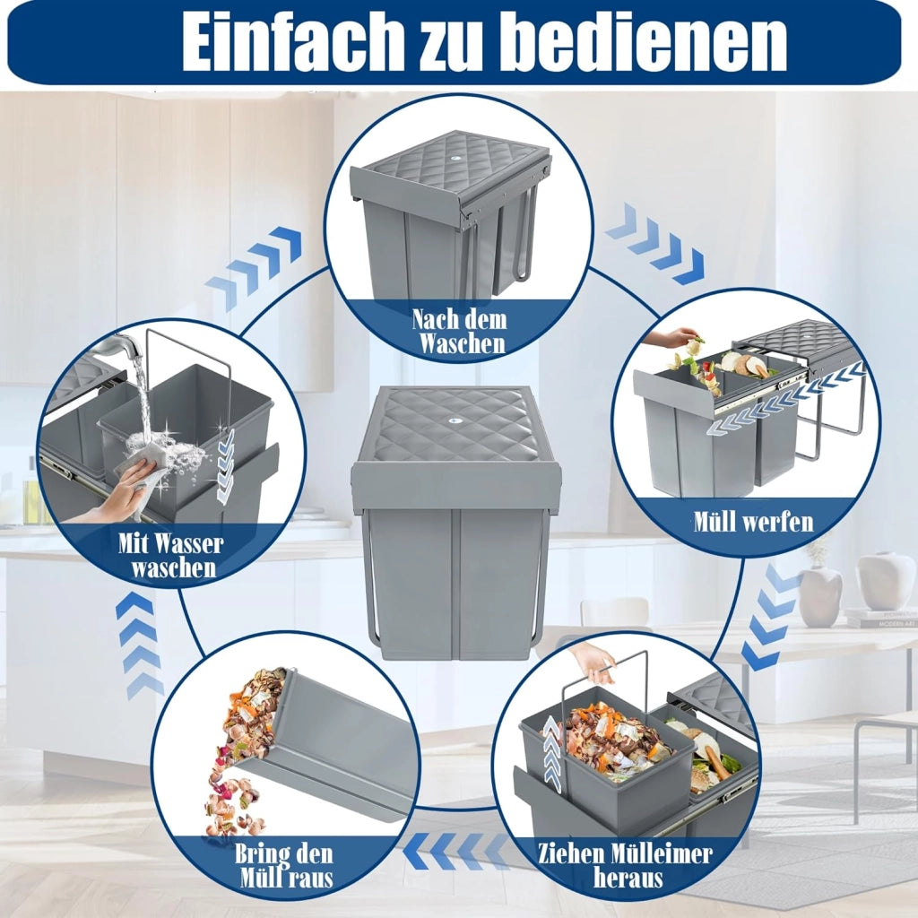 Pattumiera per cucina, 2 scomparti, estensibile, per cucina, armadio inferiore con guide telescopiche, sistema di separazione dei rifiuti, grigio, 1 x 20 L + 1 x 10 L