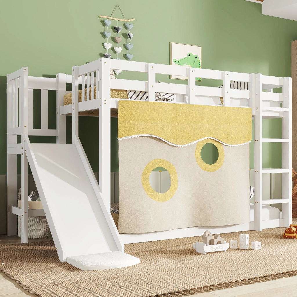 Letto a castello per bambini 90x200 cm con scala; scivolo e tende; in legno bianco