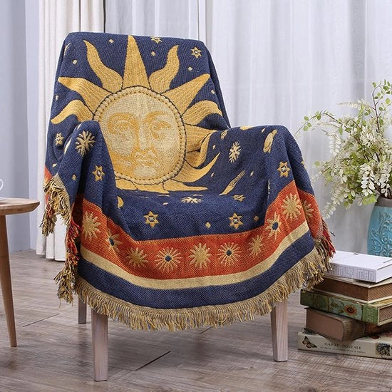 Bedsprei con Frange, Doppia Tessitura di Coton Indiano, 130 x 180 cm, Adatto come Coperta da Soggiorno, Coperta da Letto, Coperta da Divano e anche come Cuscino Decorativo per il Divano, Giallo/Blu