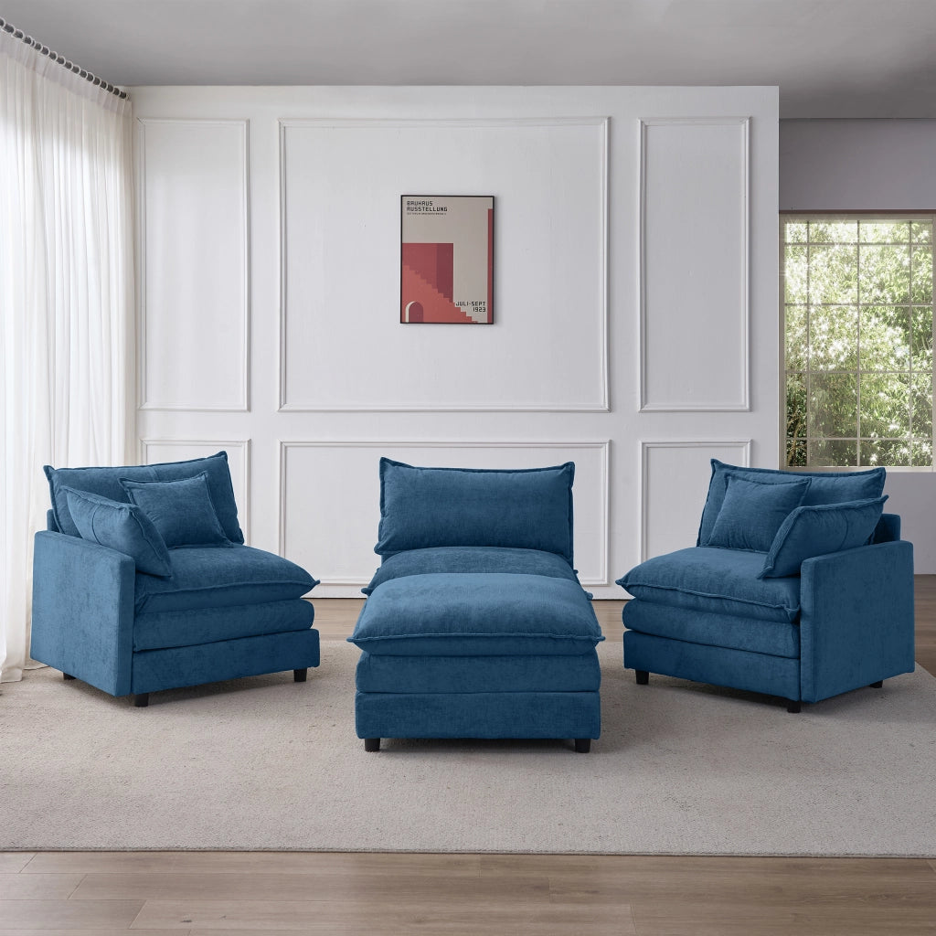 Divano modulare angolare a L con pouf mobile in chenille blu a 3 posti per soggiorno e lounge
