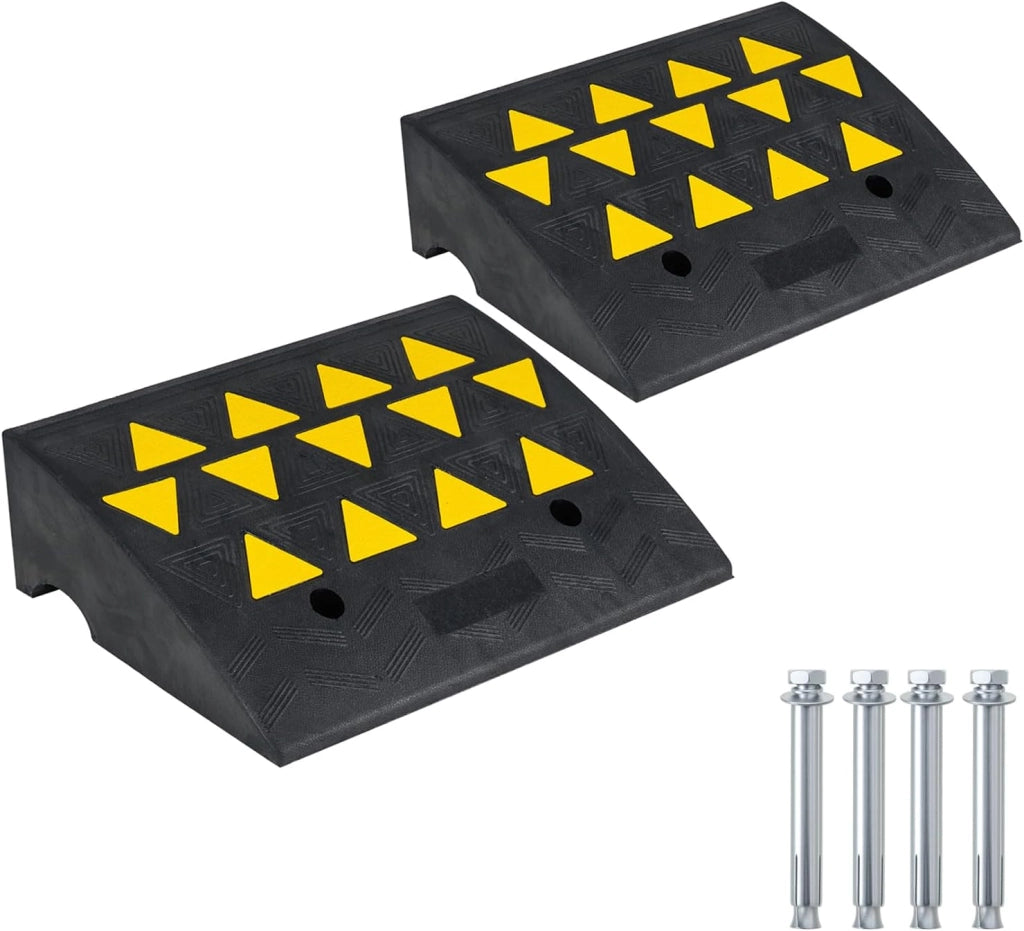 Rampa Auto 2 Pezzi, Max 15 Ton, Rampa di Carico per Garage, Marciapiede e Soglia, Pedana in Gomma con Strisce Riflettenti per Moto e Camper, Resistente, Antiscivolo (48 x 33 x 13 cm)