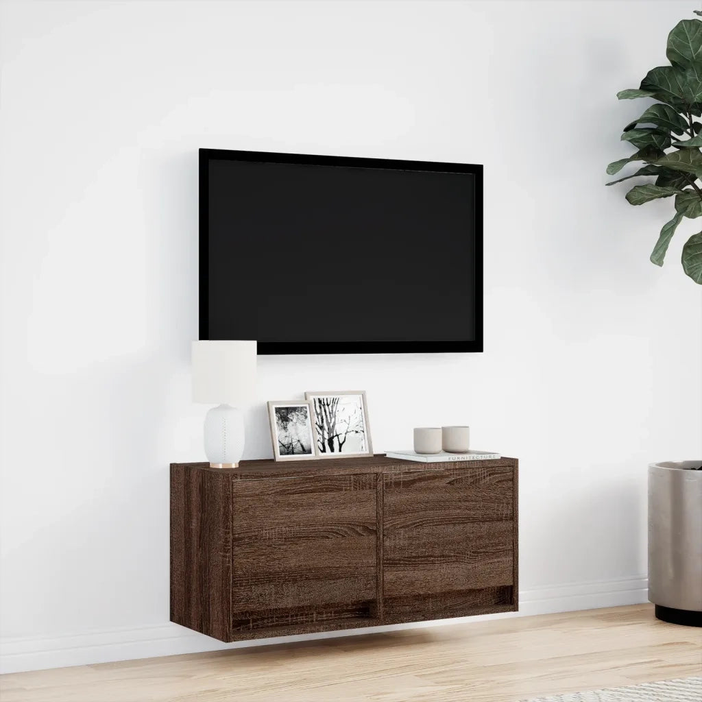 Mobile TV a Parete con Luci LED Rovere Marrone 80x31x35 cm 852361