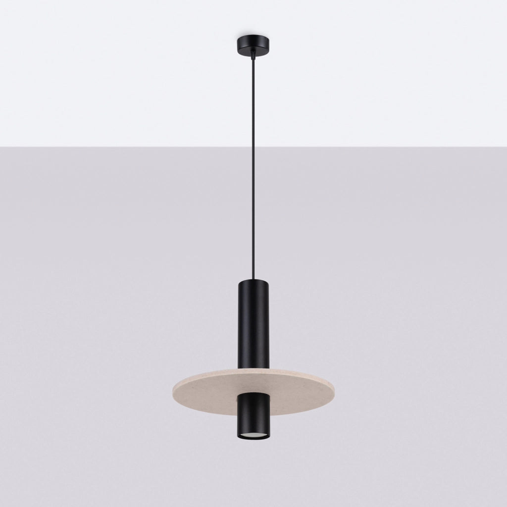 Lampada sospensione tubo nero disco feltro beige GU10