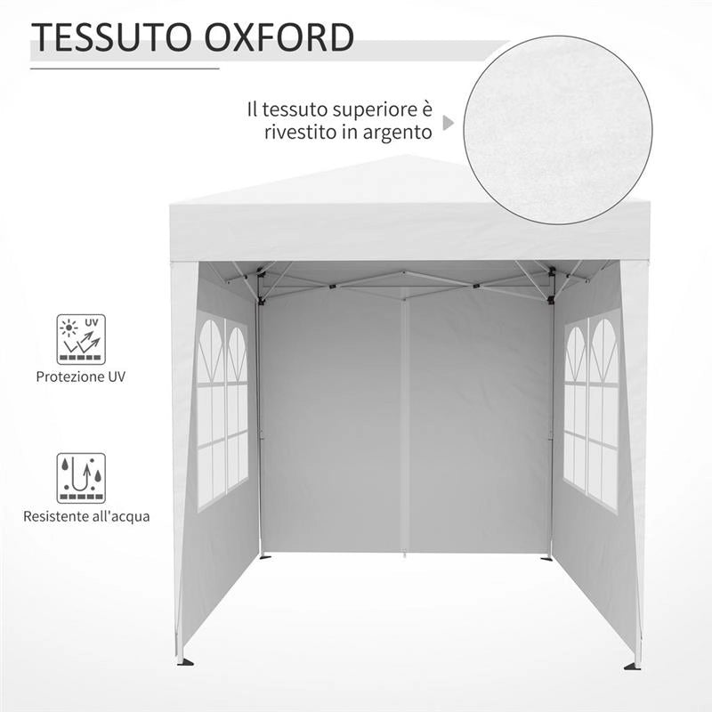 GAZEBO PIEGHEVOLE POP UP 2X2 M CON 4 PARETI RIMOVIBILI IN POLIESTERE E ACCIAIO, BIANCO