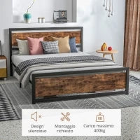 Struttura Letto Matrimoniale in Legno e Acciaio con Doghe in Stile Industriale, 160x200cm
