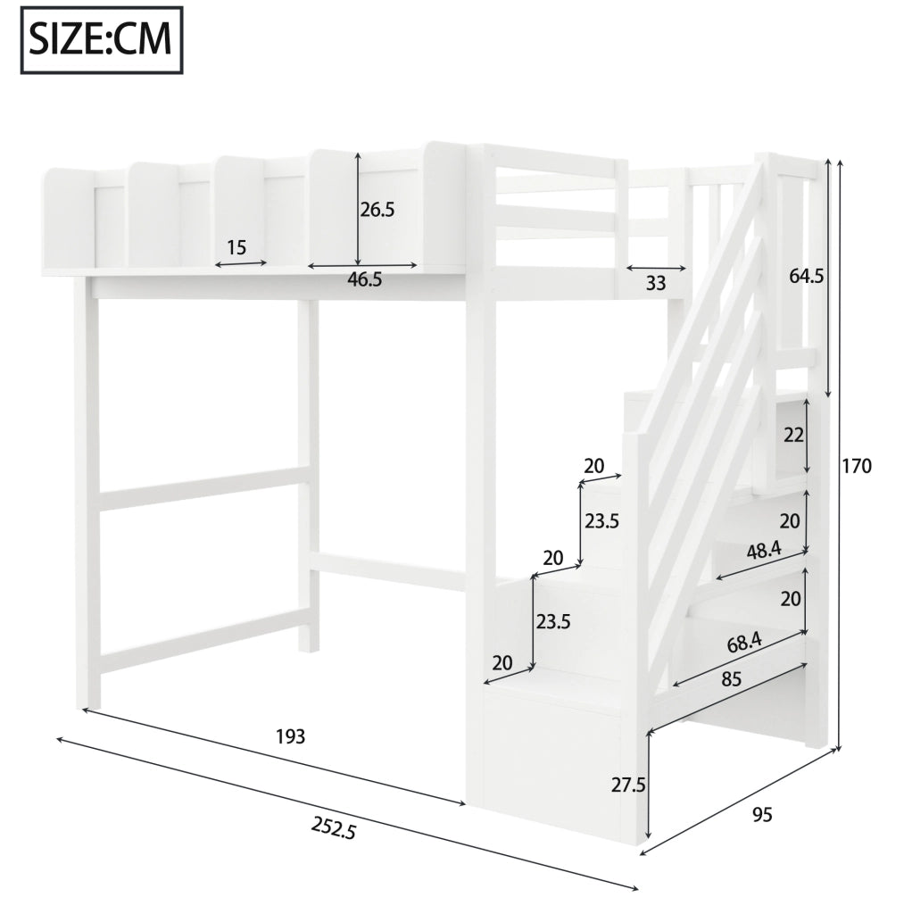 Letto a soppalco 90x200 cm con LED; scaletta e vani portaoggetti in legno bianco